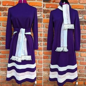 Vtg 70s Leslie Fay dark purple shift dress scarf sz S/M